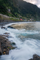 Beautiful black rock beach in Seixal, Madeira with waves crashing