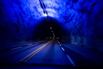 Papier Peint photo Tunnel The longest road tunnel in the world Laerdalstunnelen viewed from an interior of a car