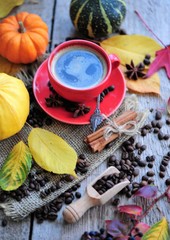 Fototapeta na wymiar cup of coffee with cinnamon and autumn leaves on an autumn background