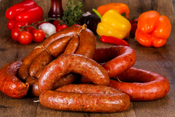 Pork sausages over wooden