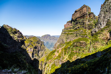 Fototapeta na wymiar Hike between Pico do Areeiro and Pico Ruivo, Madeira, Portugal. Beautiful mountains landscape.