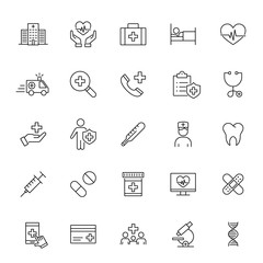 medical insurance service; health care; line black icons set on white background