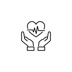 healthcare symbol; hands holding heart sign; line black icon on white background