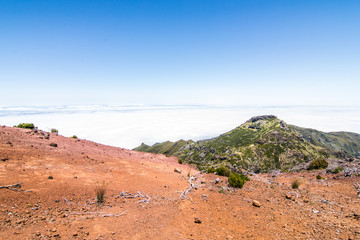 Top point of Pico Ruivo view on sky the highest mountain of Madeira island. Madeira best island Europe destination