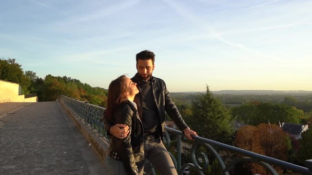 French young couple eskimo kiss - medium long shot - slow motion