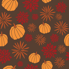 Fototapeta na wymiar Vector autumn flowers and pumpkin halloween seamless pattern print background. Perfect for fabric, wallpaper, scrapbooking and stationery projects.