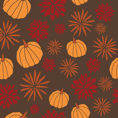 Vector autumn flowers and pumpkin halloween seamless pattern print background. Perfect for fabric, wallpaper, scrapbooking and stationery projects.