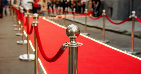 red carpet and barrier on entrance - obrazy, fototapety, plakaty