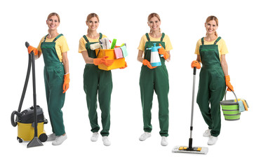 Set with janitor and cleaning equipment on white background