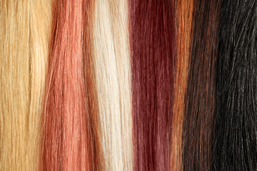 Colorful hair strands, top view. Professional care
