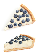 Set with pieces of delicious blueberry cheesecake on white background