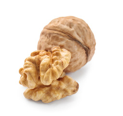 Tasty walnuts on white background