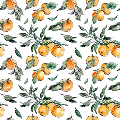 Vlies Fototapete Aquarellfrüchte Aquarell handgezeichnetes nahtloses Muster mit Mandarinen und Blättern