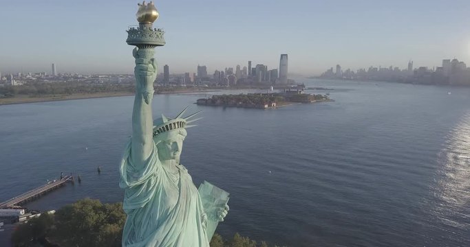 Filmed prior to the ban in 2017. Statue of Liberty New York City early morning. 1080p log colour color.