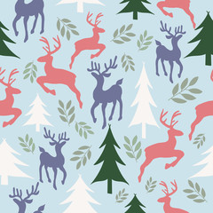 Vector Sky blue Reindeer ad Christmas Trees Background Pattern Design. Perfect for fabric, wallpaper, stationery and scrapbooking projects