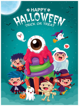 Vintage Halloween poster design with vector witch, vampire, mummy, cupcake & ghost character. 