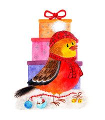 Bullfinch. Cute winter bird. Watercolor illustration.
Bullfinch on the background of gifts. Christmas card. Christmas illustration painted in watercolor. Manual work.