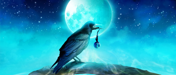 Krähe beim Vollmond