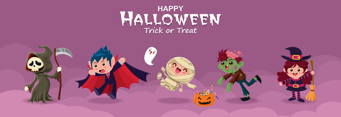 Vintage Halloween poster design with vector reaper, witch, demon, ghost, vampire, witch, mummy, zombie, monster character.  