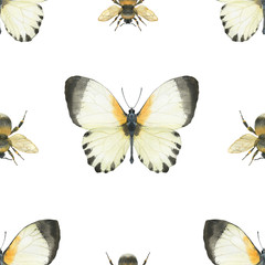 Watercolor seamless pattern Appias  butterfly and Bumblebee