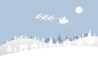 Merry Christmas and Happy New Year. Winter and snow landscape of Santa Claus on the sky. Vector illustration