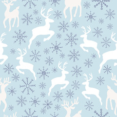 Fototapeta premium Vector Sky Blue Reindeer Snowflakes Background Pattern Design. Perfect for fabric, wallpaper, stationery and scrapbooking projects