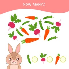 Counting educational children game, math kids activity sheet. How many objects task. Cartoon rabbit and vegetables.