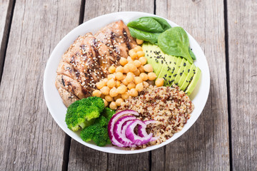Buddha bowl with broccoli , quinoa , grilled chicken , avocado and spinach