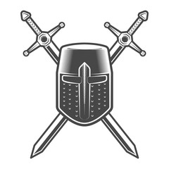 Vintage medieval knight emblem with crusader helmet and swords isolated vector illustration