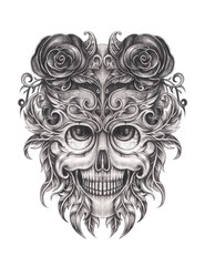 Art Surreal Skull Tattoo. Hand drawing and painting on paper.