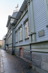 Fototapeta na wymiar Blue history wooden house in Oulu Finland