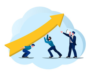 Boost business vector illustration. The team of young businessmen lifts an arrow