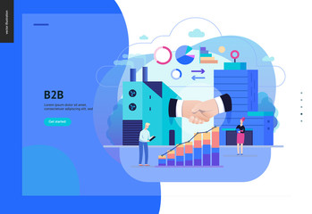 Business series, color 2 - b2b. business to business - modern flat vector illustration concept of b2b - a factory and a corporate buildings shaking their hands. Creative landing page design template