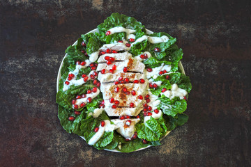 Healthy green salad with romaine lettuce, turkey breast, pomegranate and yoghurt sauce. Superfoods Healthy eating concept. Keto lunch idea. Christmas salad with pomegranate and turkey.