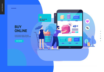 Business series, color 2 - buy online shop - modern flat vector illustration concept of man and woman shopping online Website interaction and purchasing process. Creative landing page design template
