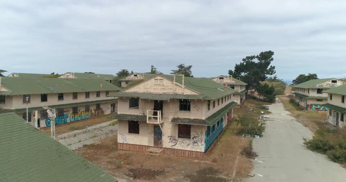 Aerial shot of Abandoned Military Base Barracks, Fort Ord Near Monterrey  California