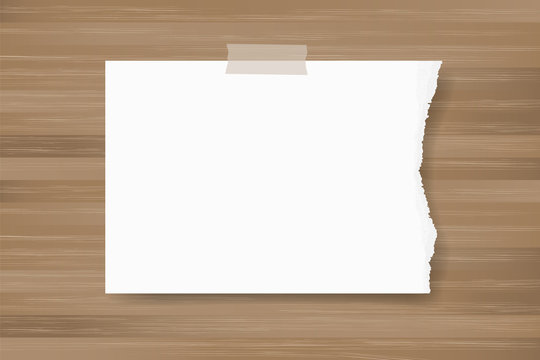 Ripped paper background stick on wood texture. Vector.