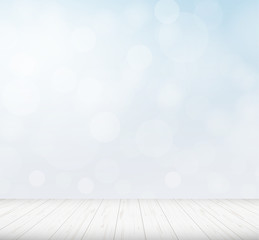 Wood floor perspective with light blurred bokeh background used for montage or display product. Vector.