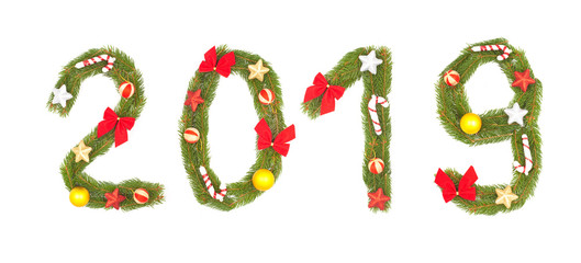 2019 number written by christmas tree branches