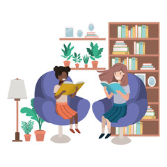 women with book in livingroom avatar character