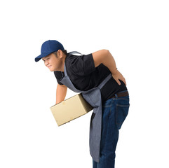 delivery man in Black shirt and apron. he lifting heavy weight boxes isolated