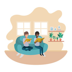 men with book in livingroom avatar character