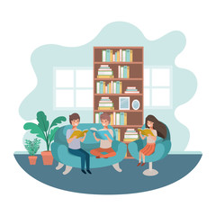 group of people with book in livingroom avatar character 