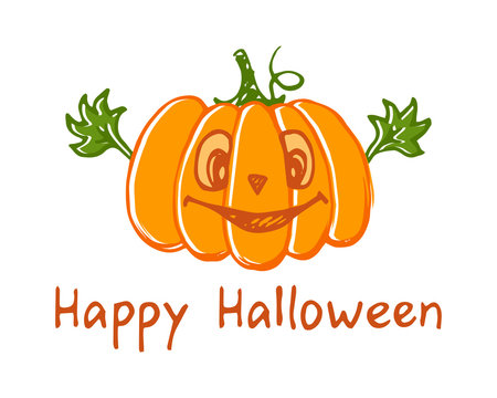 Halloween pumpkin sketch drawing with leaves, vector illustration. Happy Halloween card.