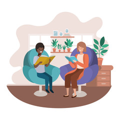 mother and son with book in livingroom avatar character