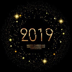 Happy New Year or Christmas background with gold confetti. 2019. Vector