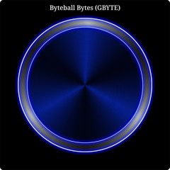 Metal Byteball Bytes (GBYTE) coin witn blue neon glow.