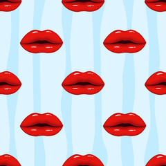 Seamless pattern pink lips on striped background