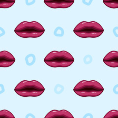 Seamless pattern purple lips on blue background