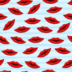 Seamless pattern red lips on striped background